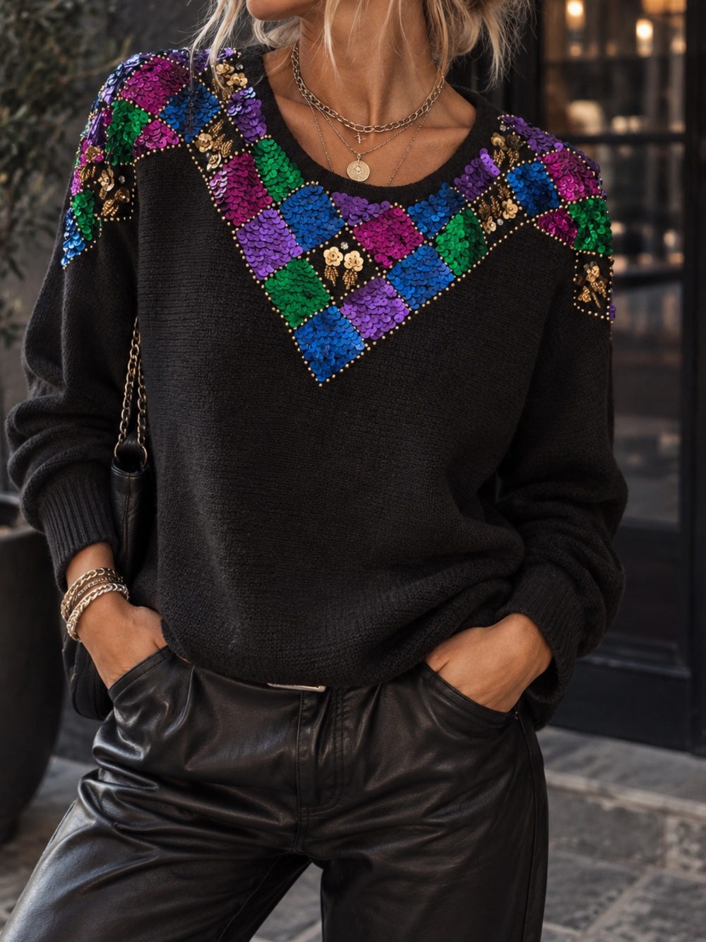 Black Scoop Neck Sequin-Embellished Sweater